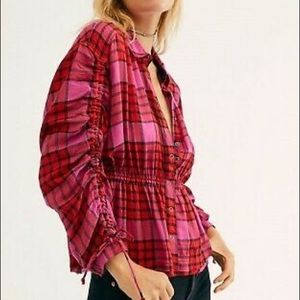 Free People Peplum Flannel Button Down Red